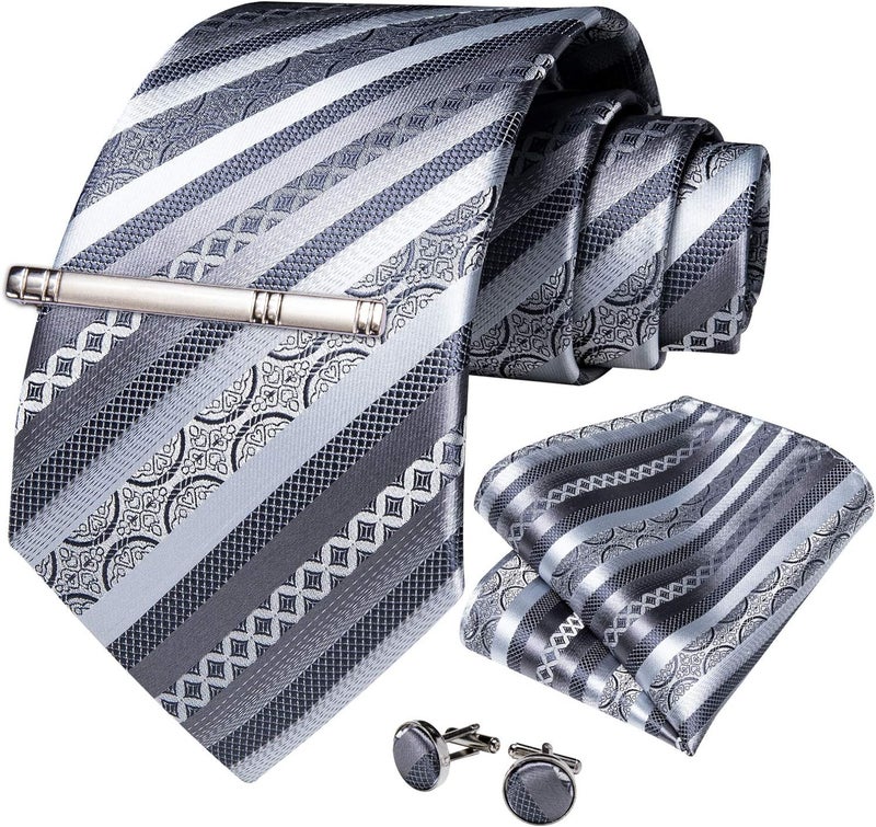 DiBanGu Mens Striped Tie Silk Woven Necktie and Pocket Square Cufflinks Tie Clip Set Wedding Business Formal Gift Tie for Men - Image 3